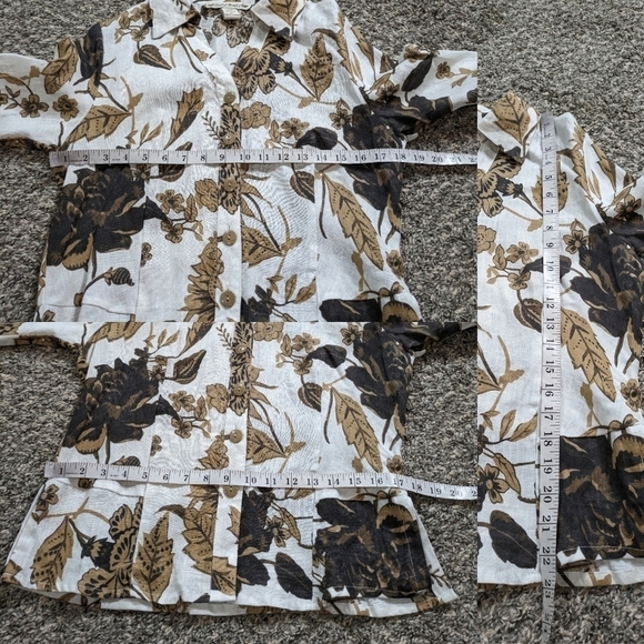 David Brooks white tan floral & foliage linen 3/4 sleeve button up M - Picture 7 of 7